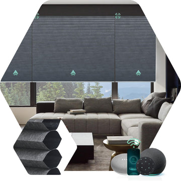 Motorized Cellular Shades, Custom, Blackout, Texture Dark Grey