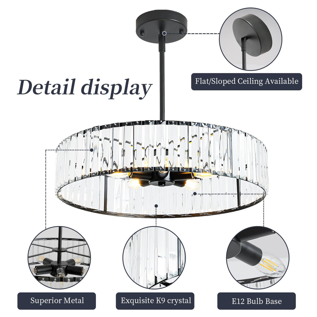 Adjustable Height Modern Black Crystal Chandelier 20 Inch
