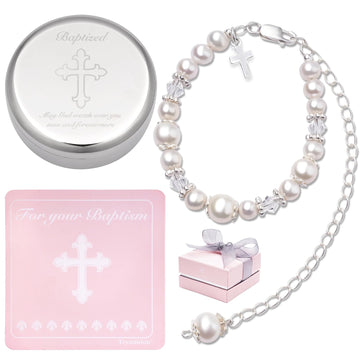 Baptism Bracelet in 925 Sterling Silver and Cultured Pearls for Baby Girls, with Silver-plated Jewelry Keepsake Box