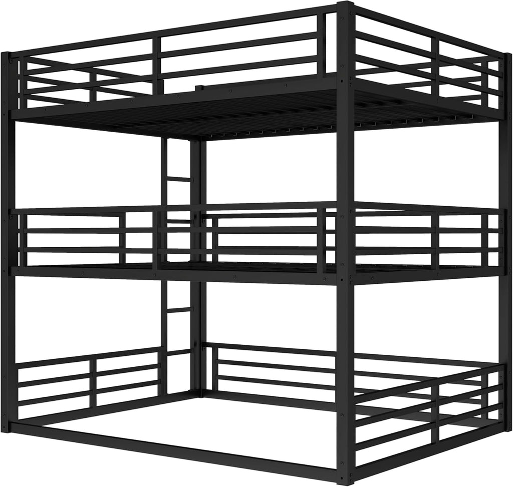 Heavy Duty Triple Bunk Bed, Queen Over Full XL Over Queen 3 Bunk Beds with Ladders