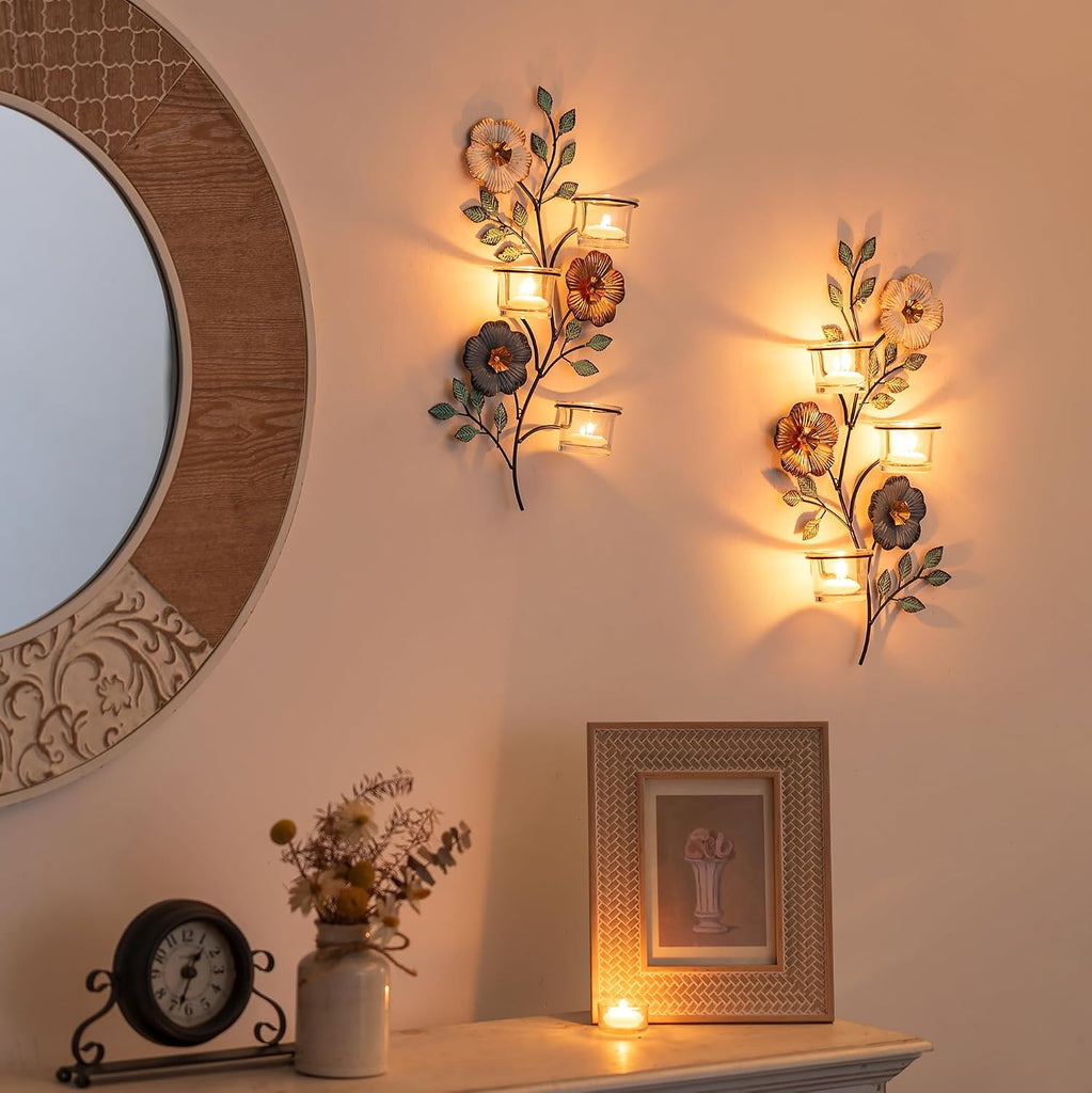 Candle Sconces Wall Decor: Wall Candle Holder with 6 Glass Cups for Tealight - Colorful Metal Flower and Leaf Sconces