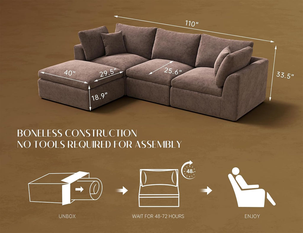 110" Cloud Sectional Couches , Boneless L-Shape Couch with Ottoman, 3 Seater Modular Sectional Sofa, Brown