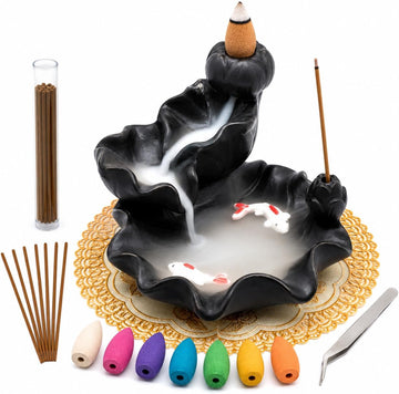 Ceramic Waterfall Backflow Incense Burner Holder, Home Aromatherapy Decoration Ornament with 30 Backflow Incense - Set of 83