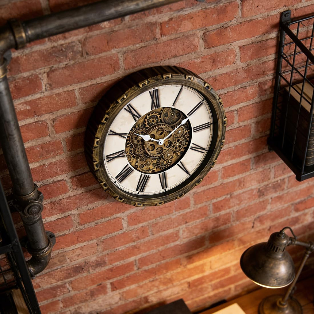 15 Inch Wall Clock with Real Moving Gears, Industrial Steampunk Vintage Wall Decor, Antique Metal Big Numeral Wall Clocks for Office...