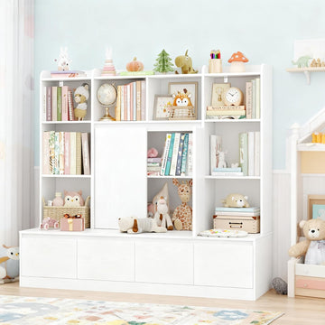 54" W Kids Bookshelf and Toy Storage Organizer Cabinet w/Reading Nook Bench | Kids Bookcase with 10 Storage Cubes & 4