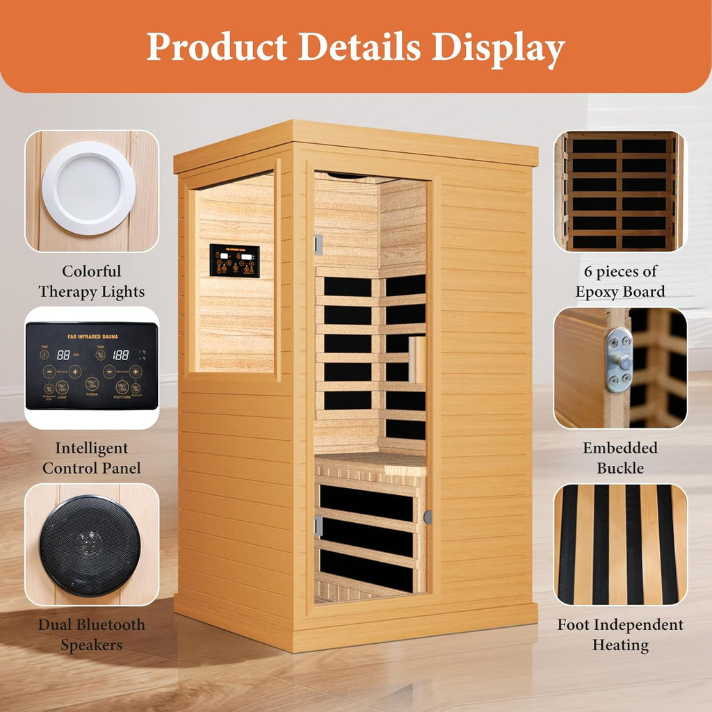 Far Infrared Sauna Home Sauna Spa Room Canadian Hemlock Wood 1200W Indoor Saunas Low EMF 110V with 7 Color Light and Tempered Glass Door, Room: 35.2 * 27.6 * 61.6Inch