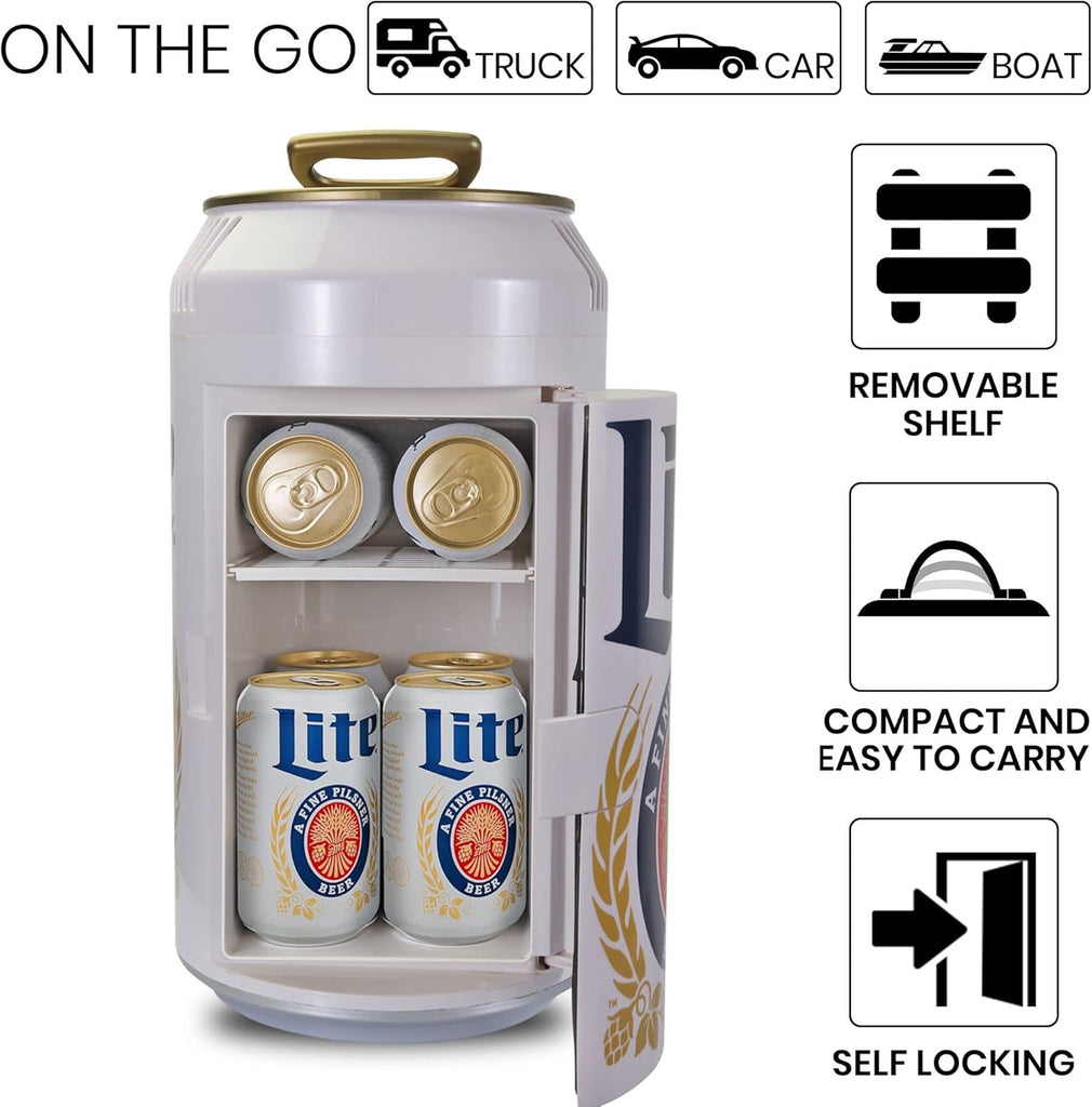 Miller Lite 8 Can Thermoelectric Mini Fridge 5.4 L/ 5.7 Quarts Capacity, 12V DC/110V AC cooler for home, den, dorm