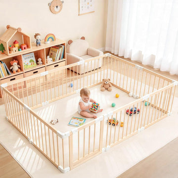Baby Playpen, Foldable Wooden Play Yard with Gate | Adjustable Activity Center, Child Proof Lock, Expandable