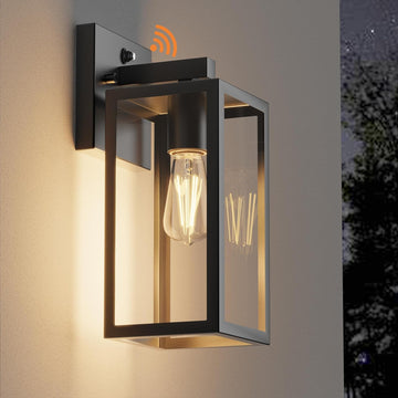 Dusk to Dawn Outdoor Wall Sconce, Black Waterproof Porch Light Fixture with E26 Socket & Glass Shade, Modern Exterior Lantern for Patio Entryway (2 Pack)