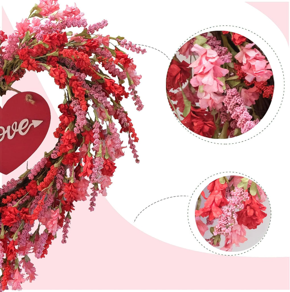 18 Inch Valentine's Day Wreath for Front Door Spring/Summer Red Flower Heart Wreath with Sign for Wedding Window Home