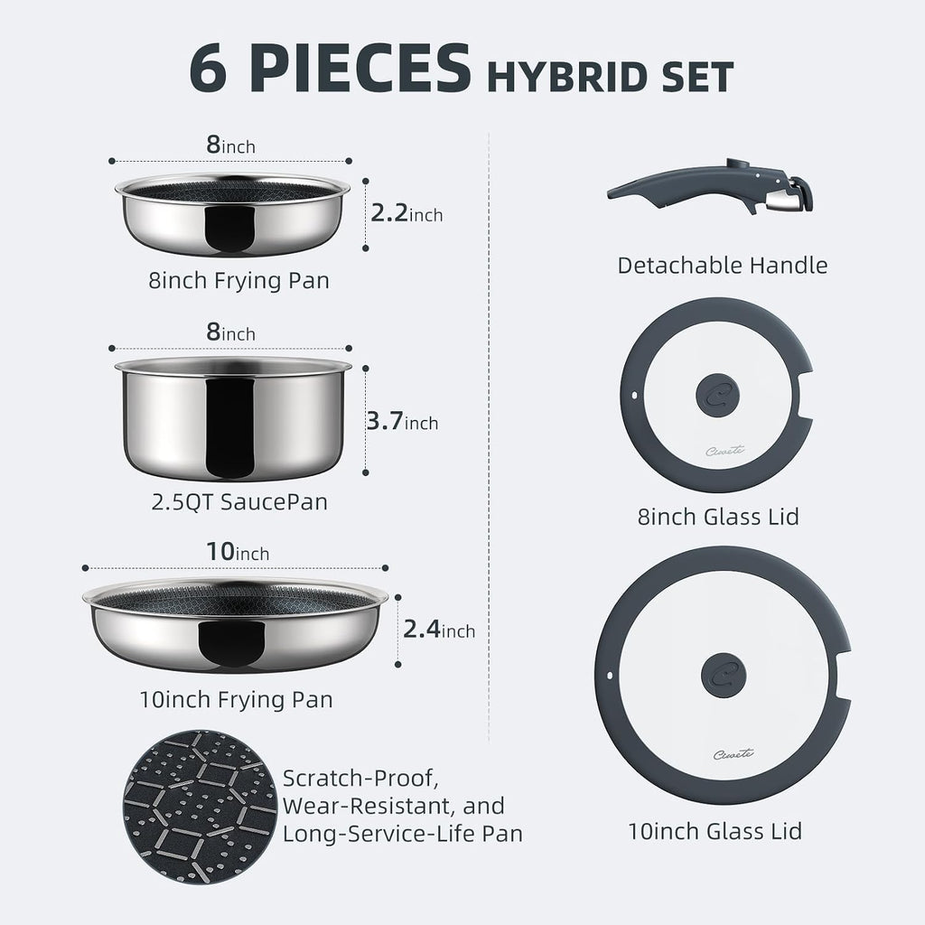 6-Piece Hybrid Stainless Steel Pots and Pans Set Non Stick, Tri-Ply Stainless Steel Cookware Set with Lids and