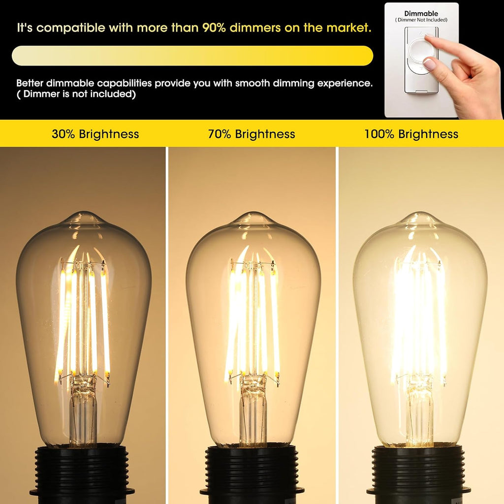 Vintage LED Edison Bulbs 6W, Equivalent 60W Incandescent, Warm White 2700K, ST58 Antique LED Filament Bulbs with 90+ (Pack Of 6)