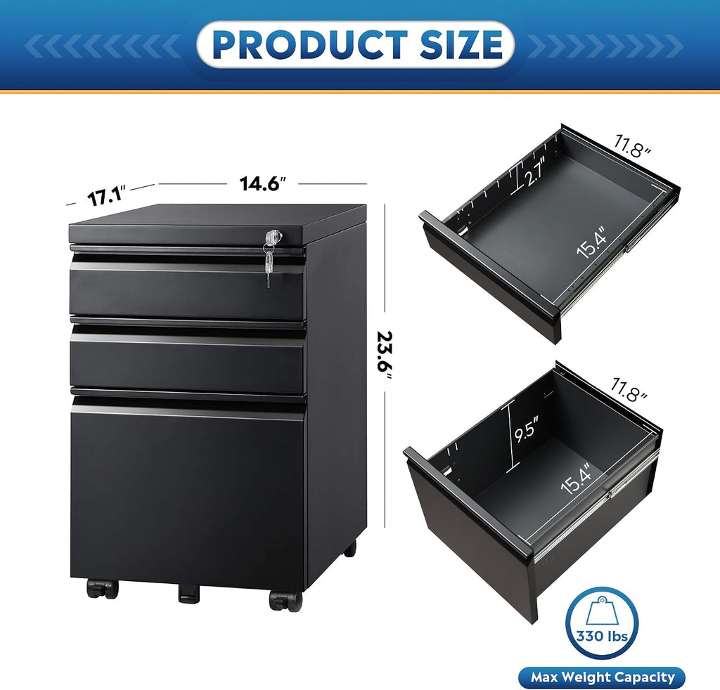 3 Drawer Mobile File Cabinet with Lock, Under Desk Metal Filing Cabinet /Legal/Letter/A4 File, Fully Assembled Except