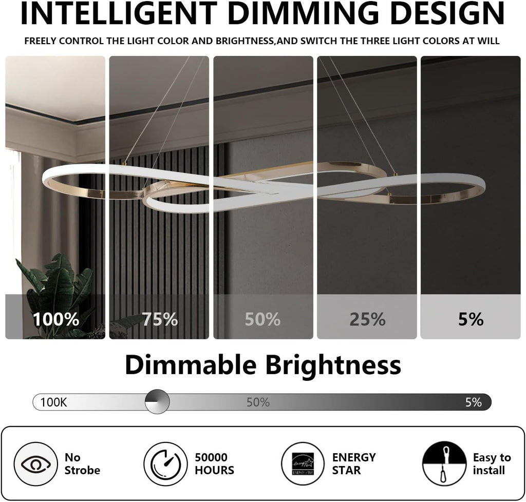 Gold 29.53in Dimmable Modern LED Pendant Chandelier | Height adjustable design, remote control included, suitable for kitchen island, dining room indoor decorative lighting