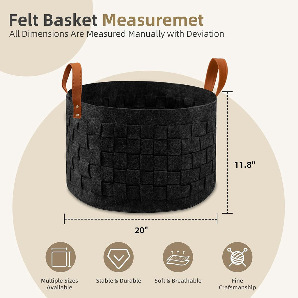 Laundry Basket 20 " x20 x11.8 , Large Round Blanket Basket with Leather Handle, Felt Storage Basket , Dog Toys-Dark