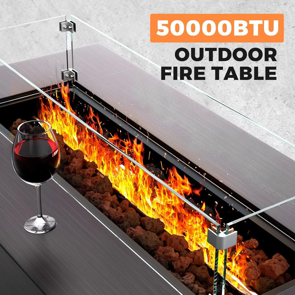 Fire Pit Table 50,000 BTU 42 Inch Rectangular Propane Fire Pit Outdoor with Wind Guard Glass, Lid, Rocks and Cover Gas Firepit