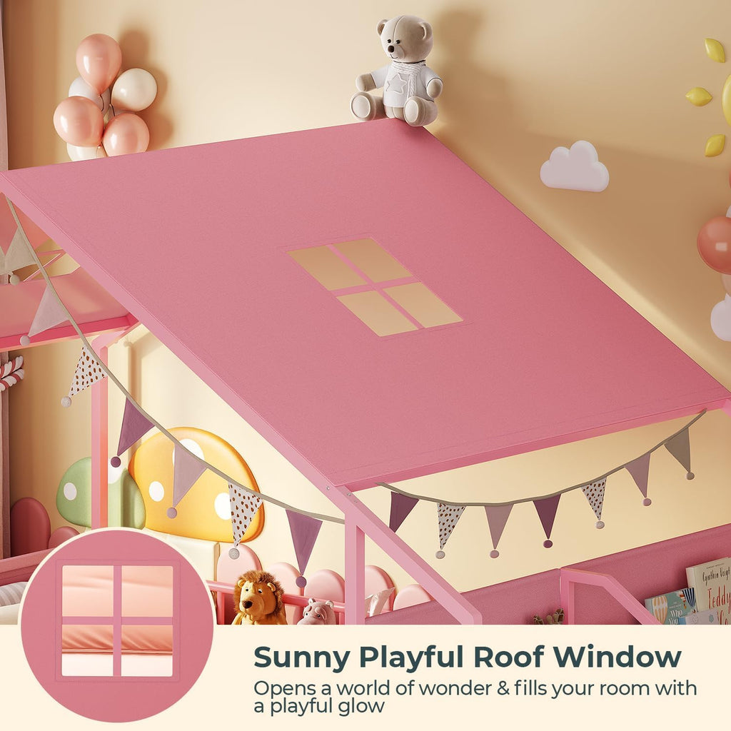 Montessori Full Size Floor Bed, Safety Guardrails, Reading Nook, Pink | House Shape, Sling Bookshelves, Storage
