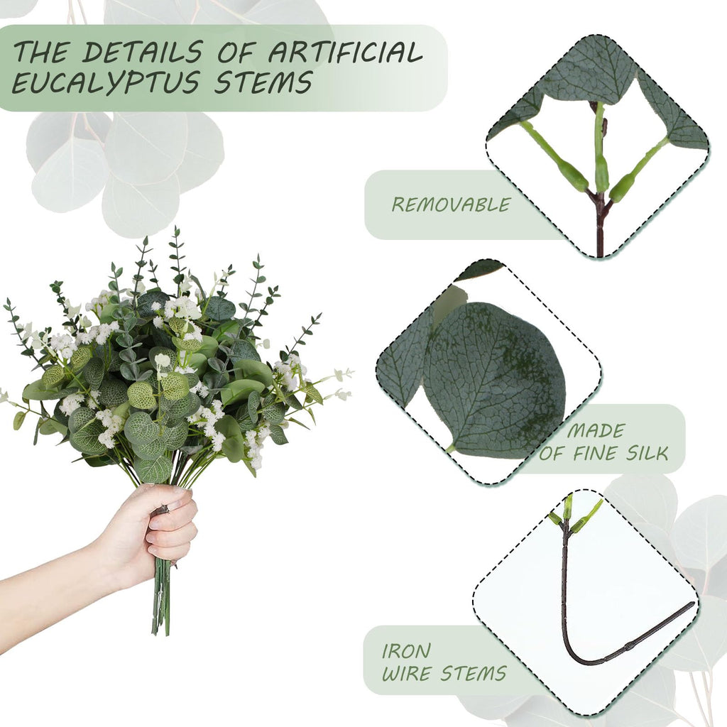 Artificial Eucalyptus Leaves Stems 120 Pcs 4 Kinds Mixed Fake Silver Dollar Eucalyptus Leaves Stem with Babysbreath