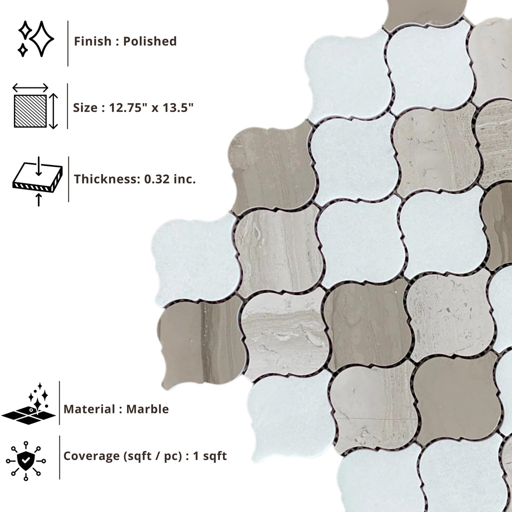 Mixed Marble Arabesque Mosaic Tile, Polished Natural Stone Backsplash, Shower Wall & Floor, 12.75" x 13.5", 1 Sheet