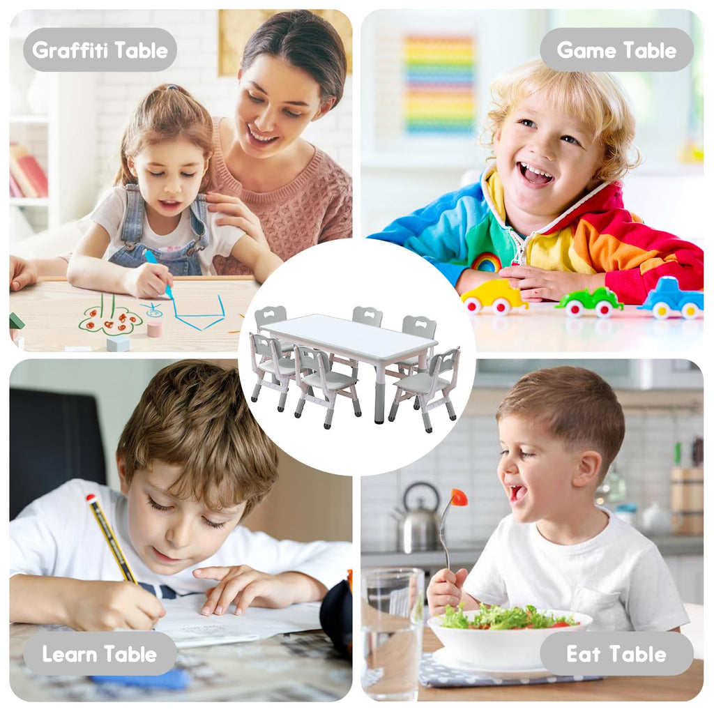 Kids Table & 6 Chairs Set, Adjustable Graffiti Legs Class, Daycare, Home 3-12