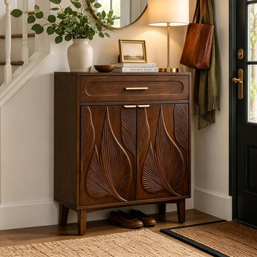 Mid Century Modern Accent Cabinet with Drawer and Carved Leaf Pattern Doors, Storage Sideboard Cabinet with