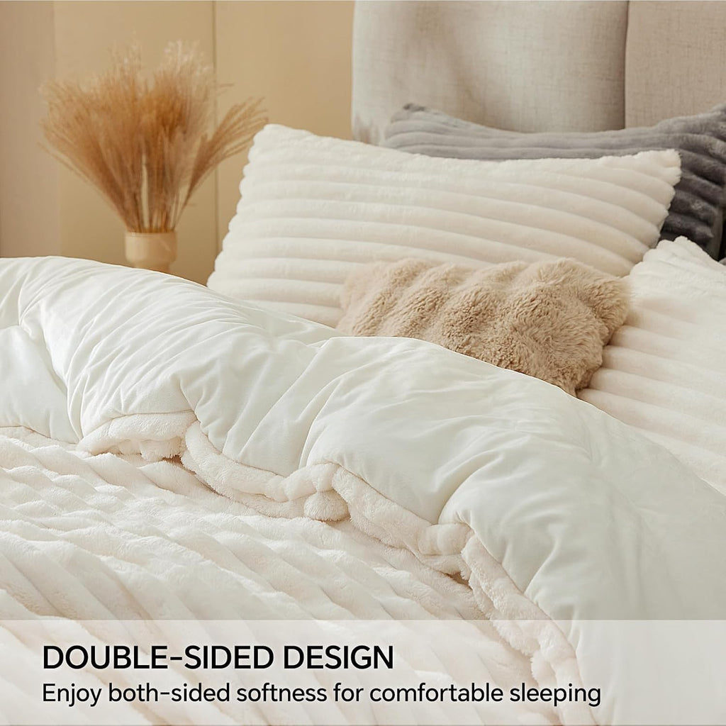 Fleece King Comforter Set, Fluffy Bed Set, Cream White