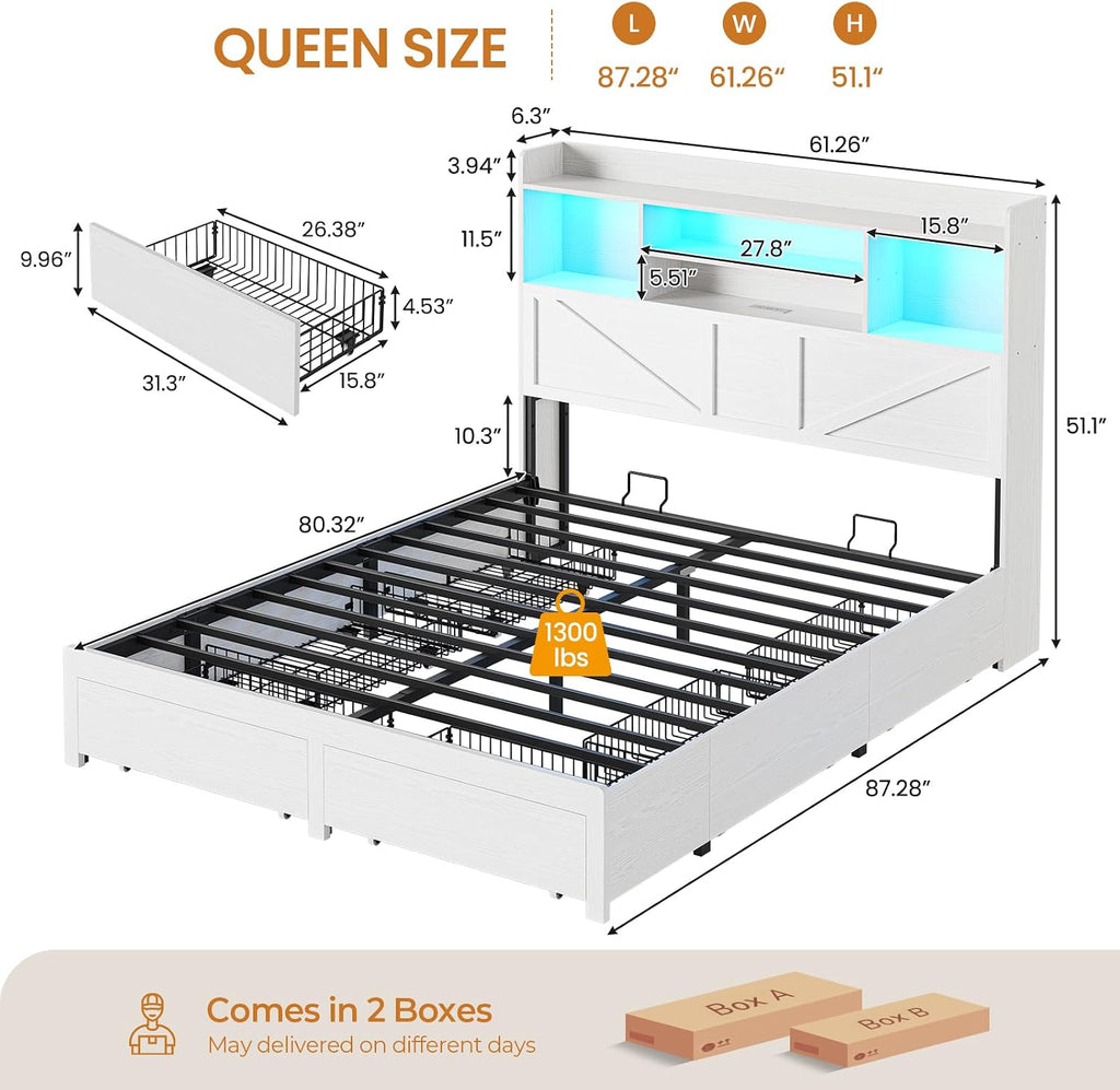 Queen Bed Frame with 6 Storage Drawers, Farmhouse Bed Frame Queen with Bookcase Headboard, LED Lights & Charging