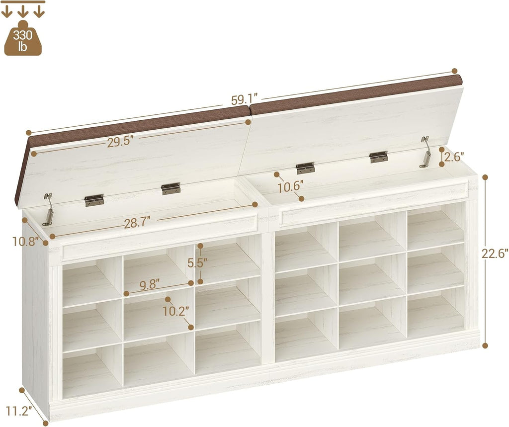 Shoe Bench with Cushion, Farmhouse Storage Bench with 18 Cubbies & Hidden Storage Space, Large Capacity Organizer