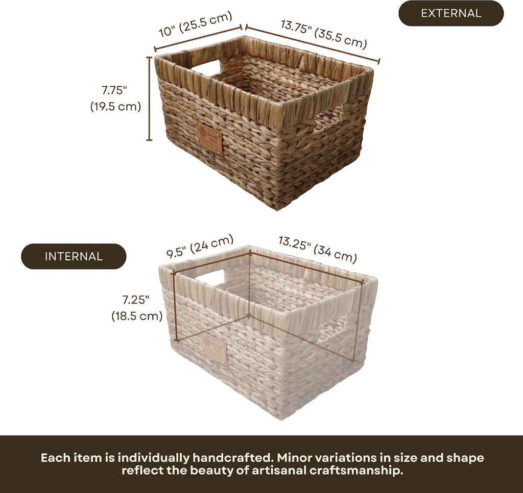 Handmade Water Hyacinth Wicker Storage Basket with Handles - Rectangle Organizer Bin for Shelves, Blanket, Bathroom
