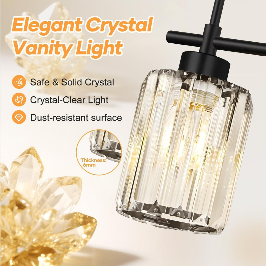 Matte Black Vanity Light, 3-Light Crystal Modern Bathroom Lighting Fixtures Over Mirror, Black Bathroom Vanity Light