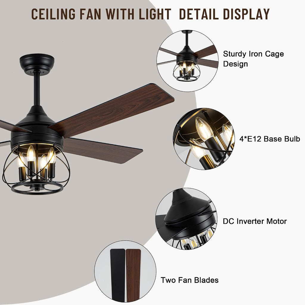 52 Inch Ceiling Fans with Lights, Modern Farmhouse Caged Ceiling Fan, Reversible Motor, 4 Double Finish Wood Blades