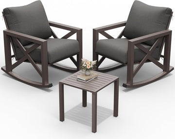 Rocking Chair Outdoor Set 2 w/Coffee Table, 3 Pc Metal Bistro Set | Metal Rocking 6.5" Water-Resistant Cushions