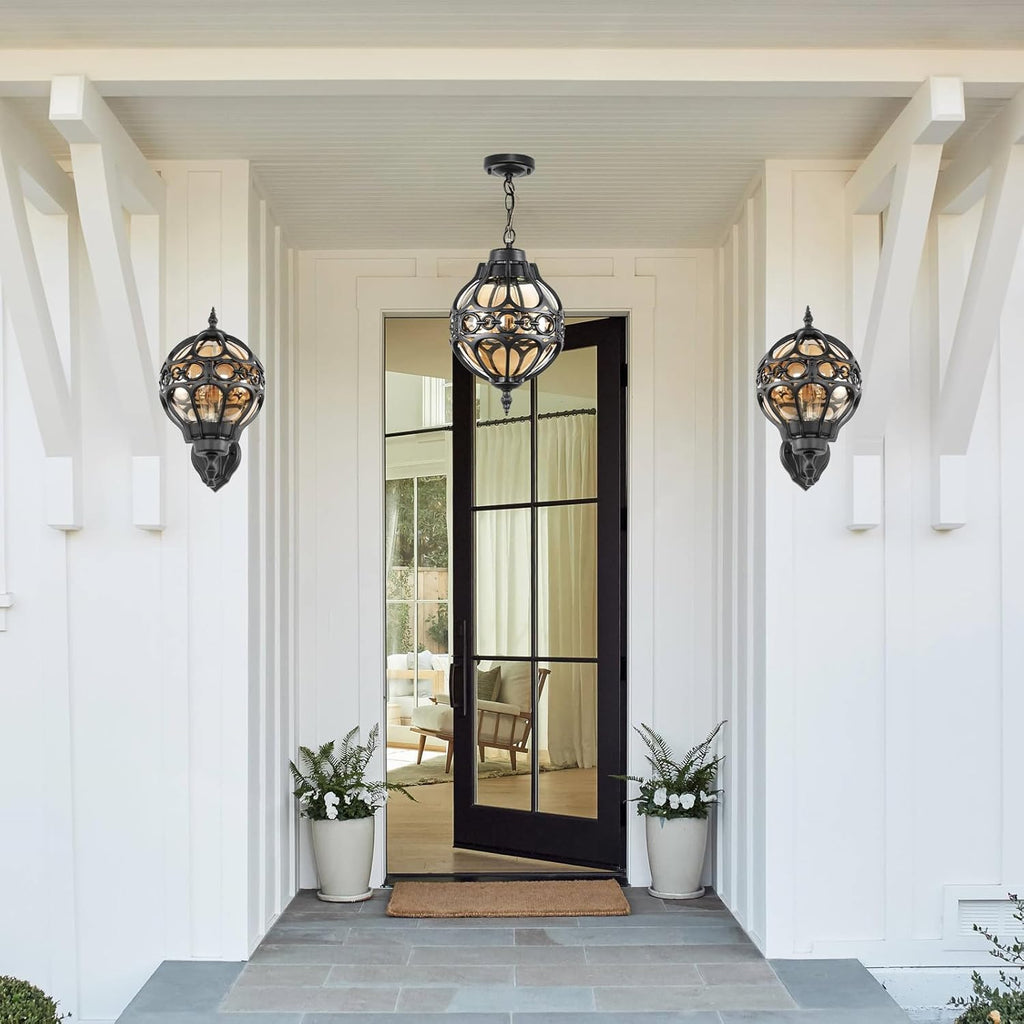Globe Outdoor Pendant Lights for Porch Patio Entryway, Black Aluminum Anti-Rust Hanging Light Fixture