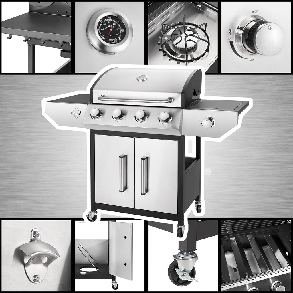 4-Burner Propane Gas Grill with Side Burner, 53,000 BTU BBQ Grill with Enameled Cast Iron Grates and Stainless Steel Cover for Patio and Garden