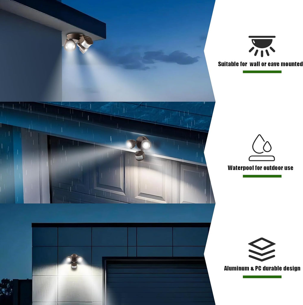 Outdoor LED Two-Head Security Flood Light, Motion Sensor, Adjustable Beam Angle Light Coverages, Adjustable