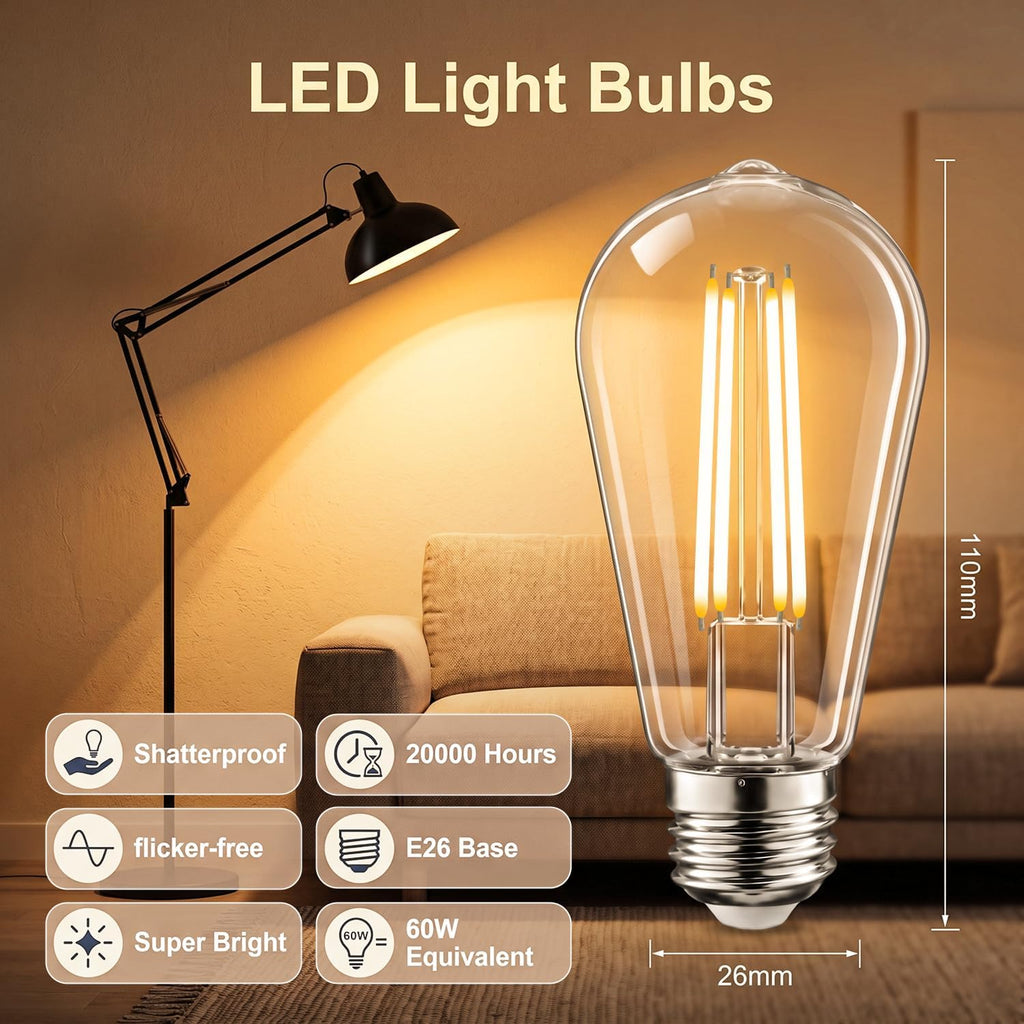 6pack LED Light Bulbs, Shatterproof Edison Bulbs 60 Watt Equivalent, E26 Base Warm White 2700K Bulb, Vintage