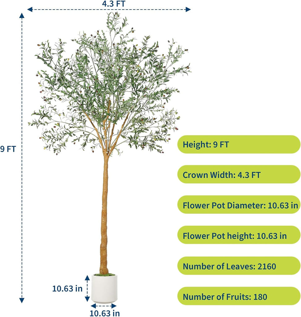 Olive Tree 9 FT, Faux Olive Tree Decor Indoor, Large Potted Fake Plant with Realistic Wood Trunk & Lifelike Fruits in