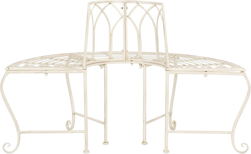 Outdoor - Abia Iron Tree Bench - Distressed White Iron Metal - Vintage Scrollwork Garden Design - Ideal , Deck