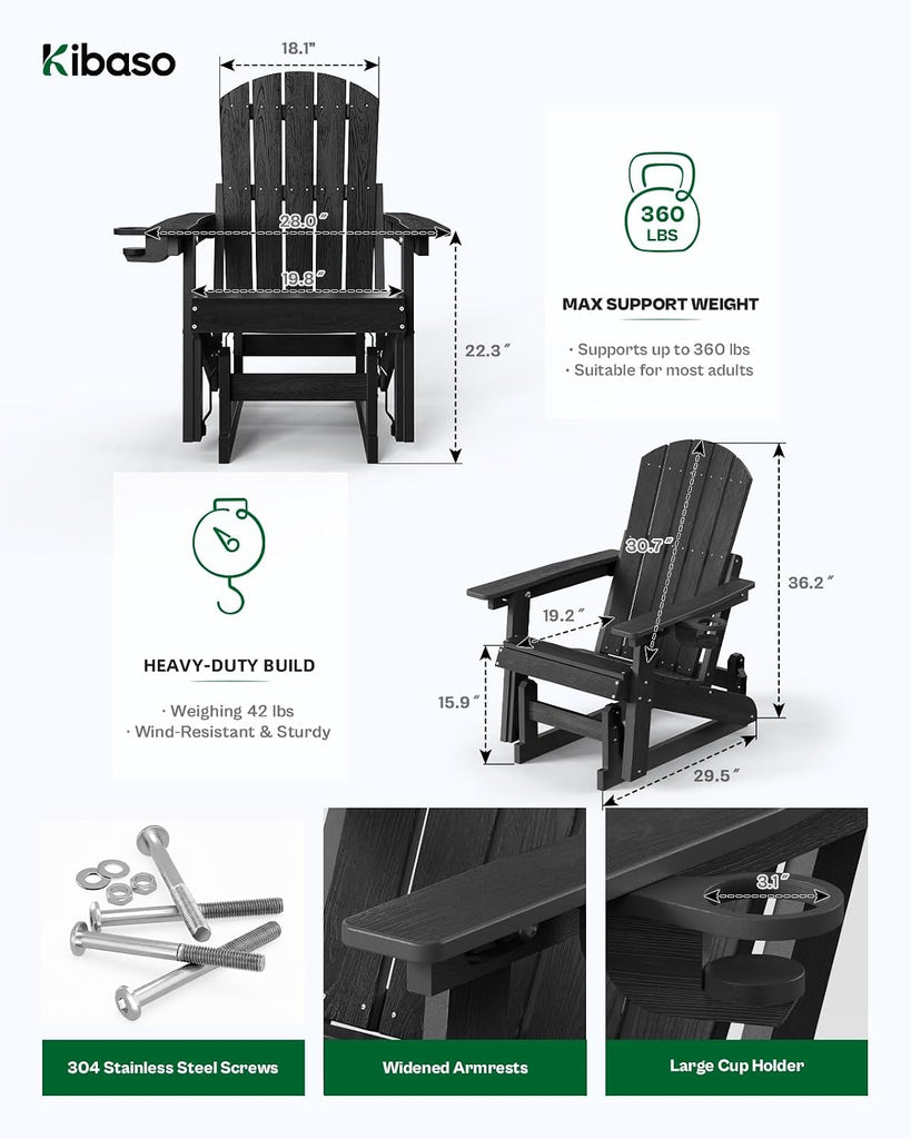 Adirondack Chairs, All-Weather Outdoor Gliders Set of 2,Black | HDPE Weather Resistant, 3- Level Adjustable Backrest