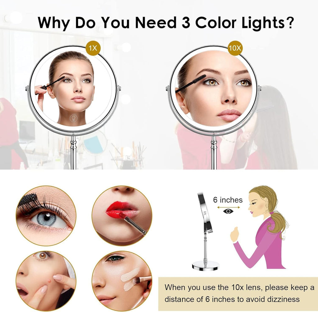 Makeup Mirror, 3000mAh Rechargeable Double-Sided Magnifying Vanity Mirror with 3 Colors, 1X/10X, Adjustable Brightness