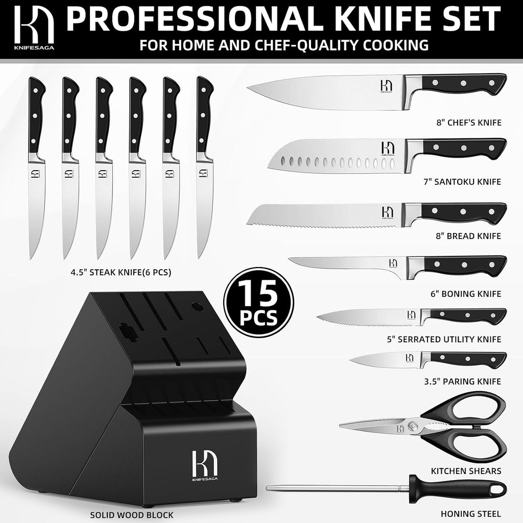 Japanese Knife Set with Sharpener, Premuim, Razor Sharp, 15 Pcs | Innovative Steel, High Carbon Stainless, Enduring