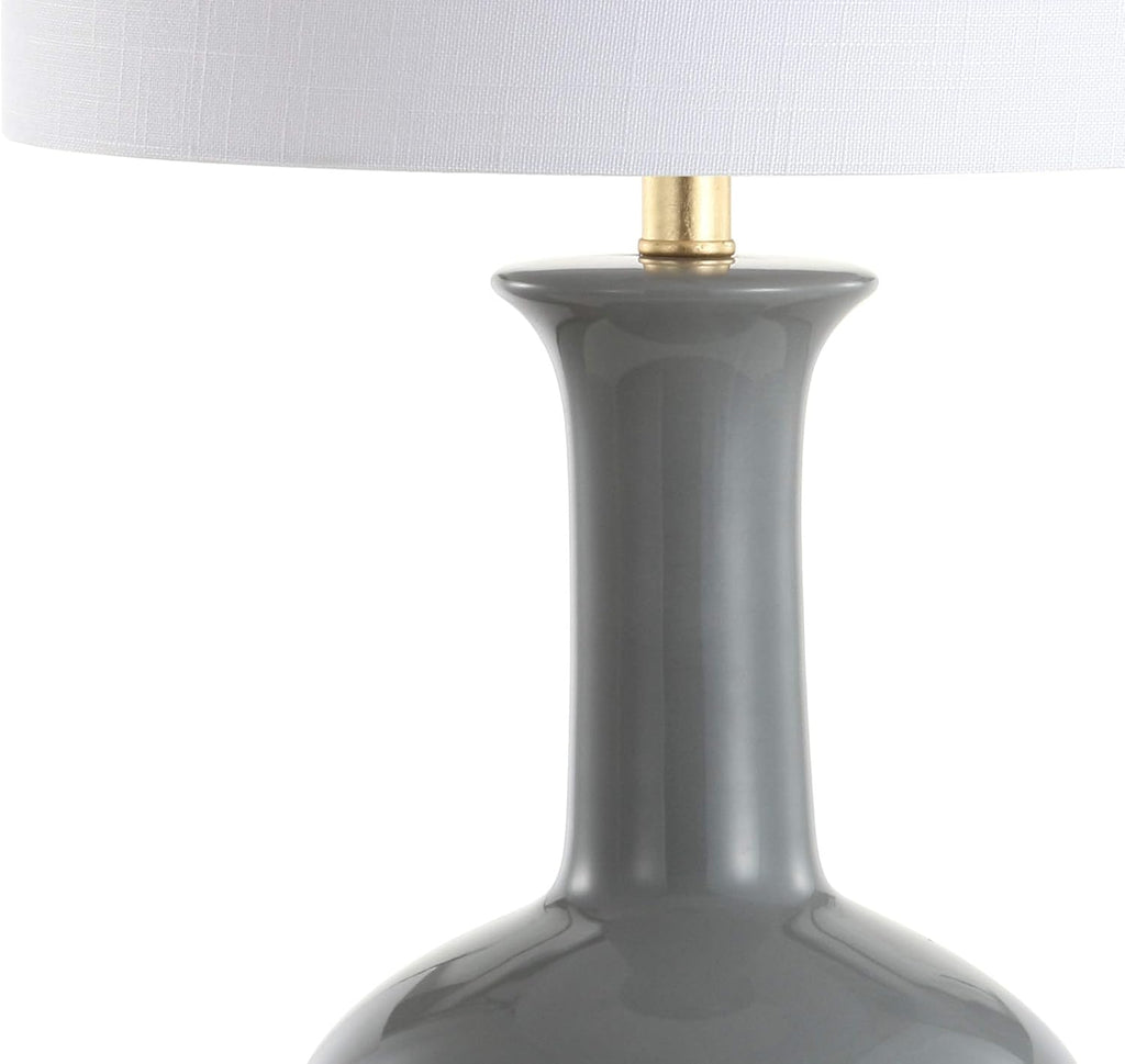 27" Gray/Brass Ceramic Table Lamp Bedroom, Modern Transitional Nightstand Lamp with White Linen Drum Shade