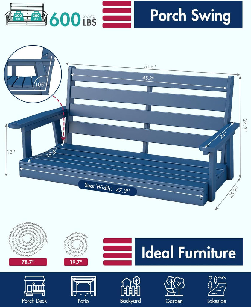 Porch Swing Bench | HDPE | 51.5" | Hanging Outdoor Swings | 2 Person | All Weather | Outside Backyard | Included 4