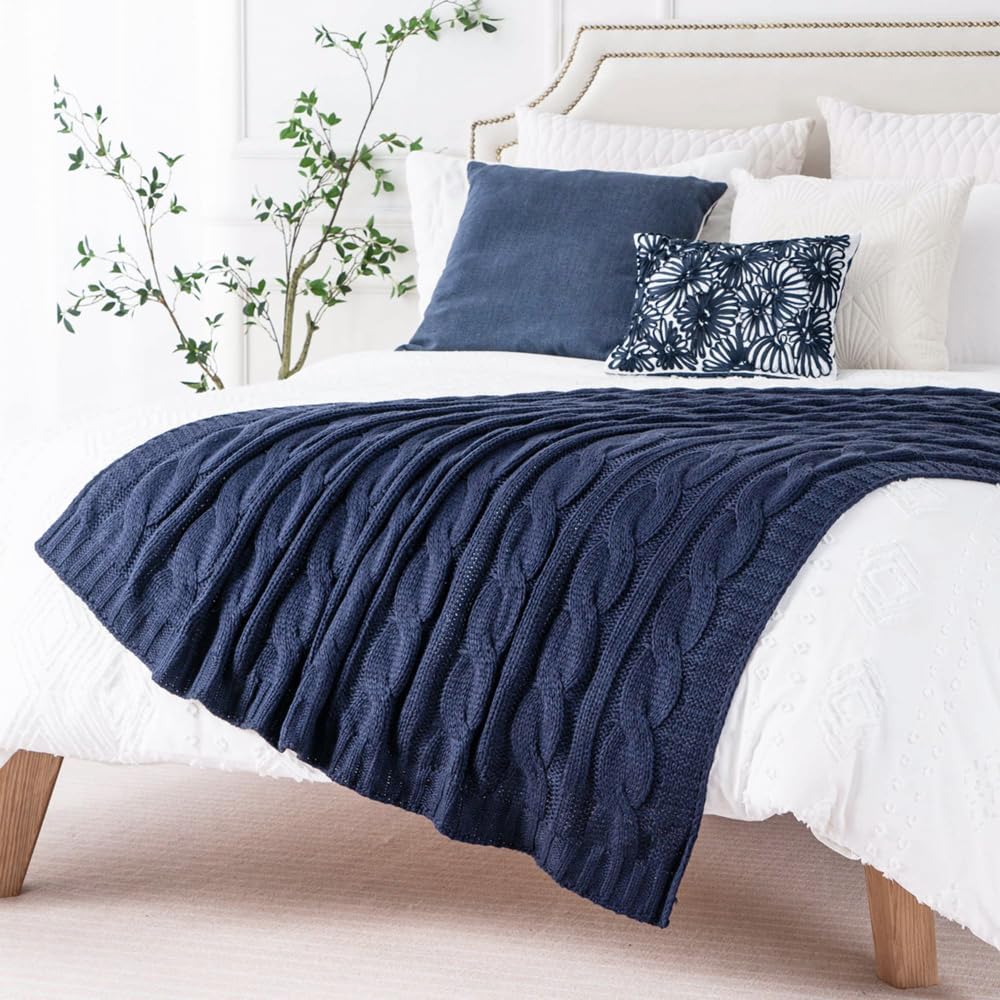 Navy Cable Knit Throw Blankets, Super Soft Warm Cozy Decorative Knitted Throw Blanket, Chair 50"x60"
