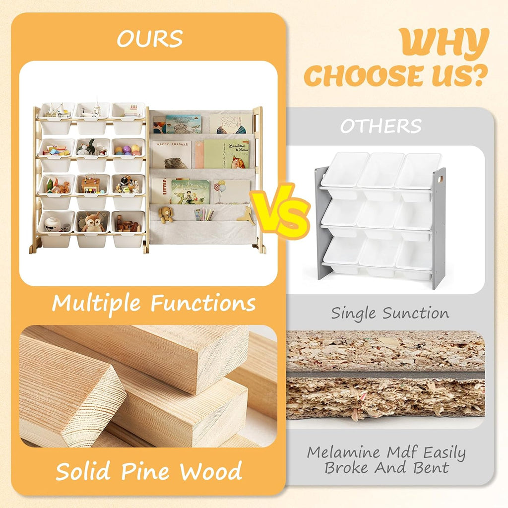 Toy Storage Organizer with Bookshelf, Kids Toy Organizer and Storage Shelf with 12 White Bins, Solid Pine Wood Book