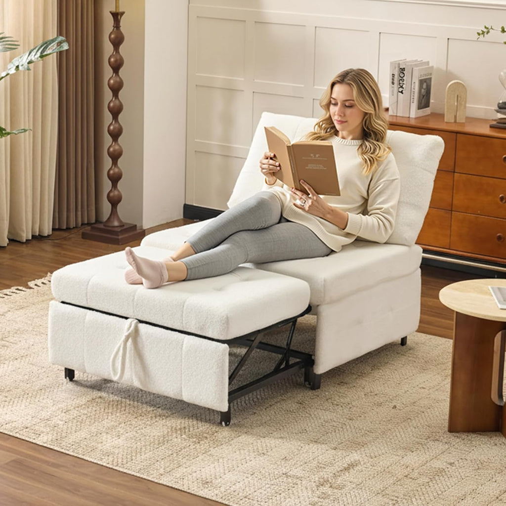 Convertible Sofa Bed Tufted Teddy Fleece Sleeper Chair Bed Couch Armless Living Room Chairs with Adjustable Backrest