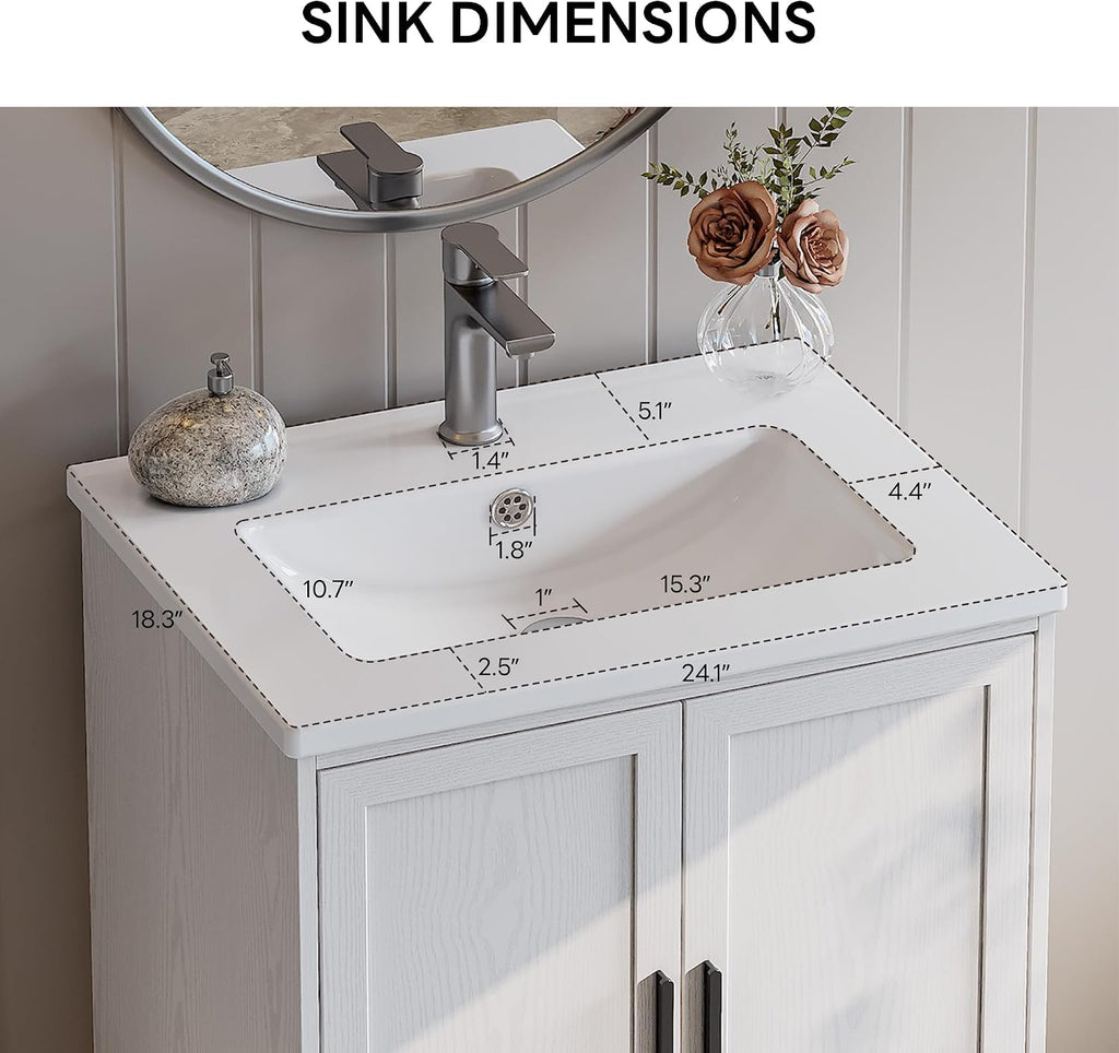 24" Bathroom Vanity with Ceramic Sink - Freestanding Cabinet with 2 Doors, 1 Drawer & Wood Legs