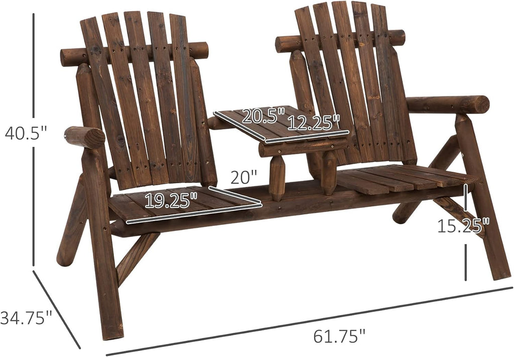 2-Seat Wooden Adirondack Chair Patio Bench with Table Carbonized | Outdoor Loveseat Fire Pit Chair, Porch, Backyard