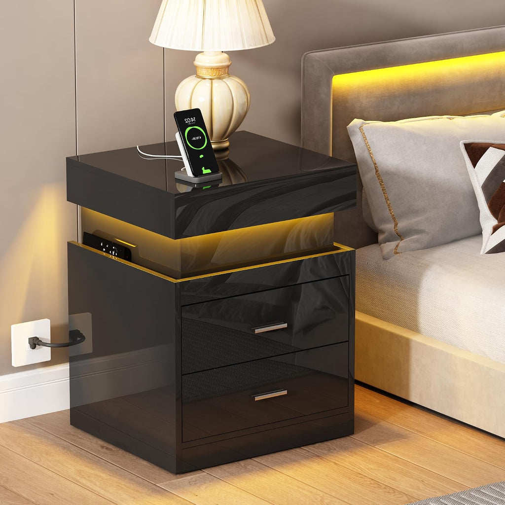 LED Nightstand with Charging Station,Smart Night Stand with Sliding Top Storage, 2-Drawers High Gloss Bedside Table