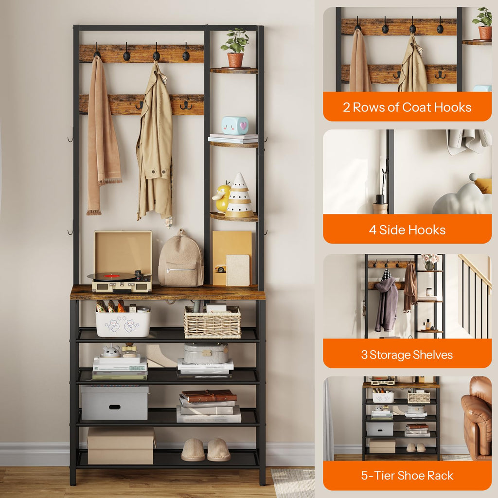 Hall Tree with Shoe Rack and Coat Hooks, Rustic Brown and Black
